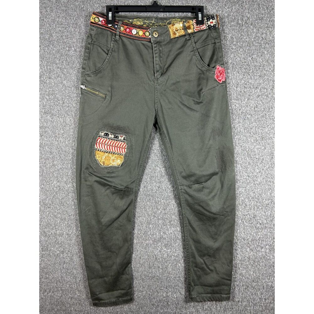 Desigual "Pant Exotic" Boho Embroidered Patchwork Skinny Cargo Pants Olive 28